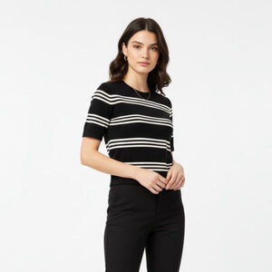 SER.O.YA Ry Striped Knit Black & White Short Sleeve Sweater - Small